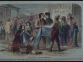 Habitants buying fabrics at Montréal market, 1859
